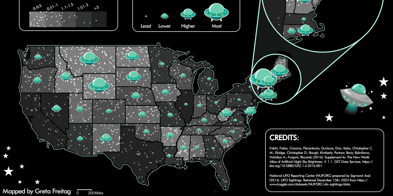 A black and green map of the lower 48 states, showing UFO sightings with UFO clipart and light pollution with the density of small white dots